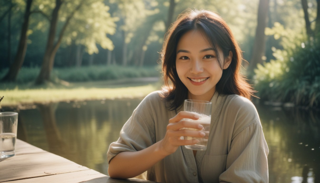 충분한 수분 섭취로 카페인 섭취를 줄이려는 아시아인 여성